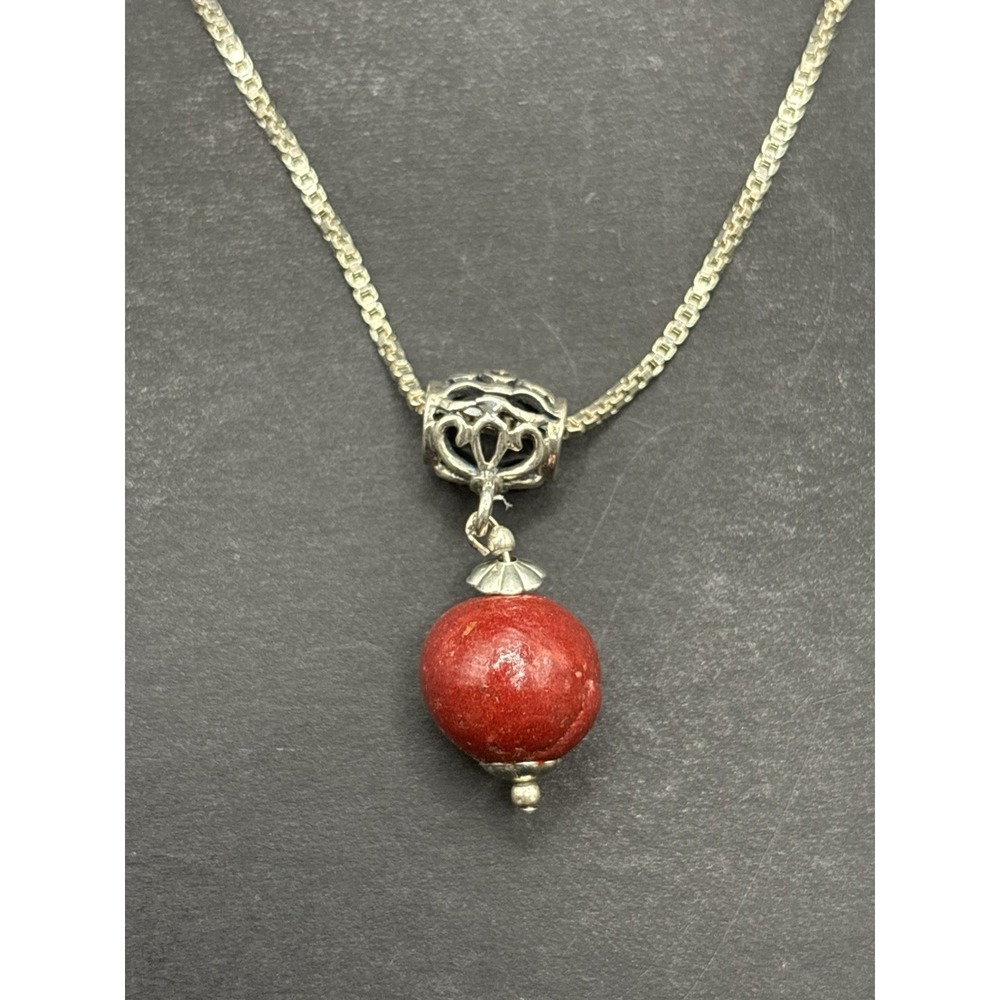 20" Vintage Sterling Silver Coral Pendant 6 Grams G22
